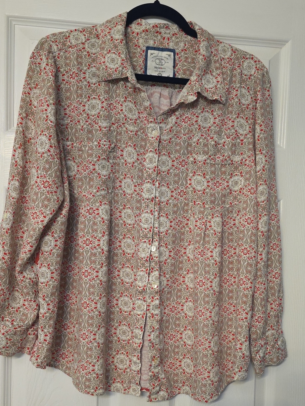 Style & Co. Beige and Red Floral-Print Button-Down Shirt